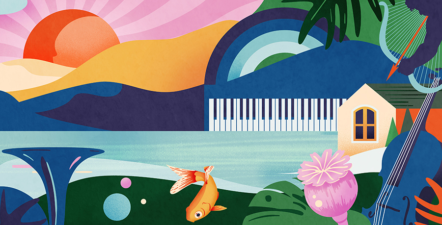 An artwork image showing a leaf, the sun a piano keyboard, a house and a boat on the water