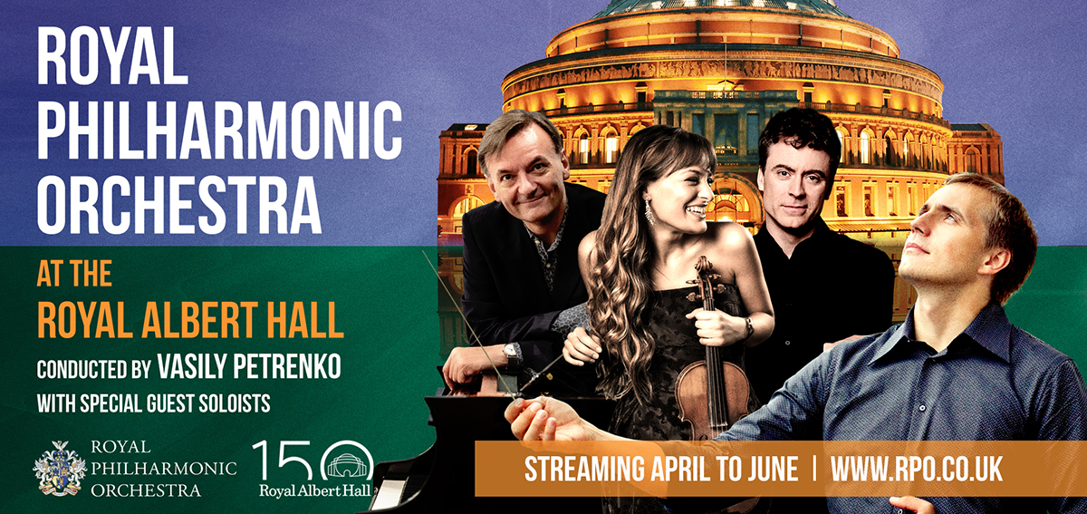 An image of the Royal Albert Hall with Vasily Petrenko, Jess Gillam, Nicola Benedetti and Paul Lewis overlaid