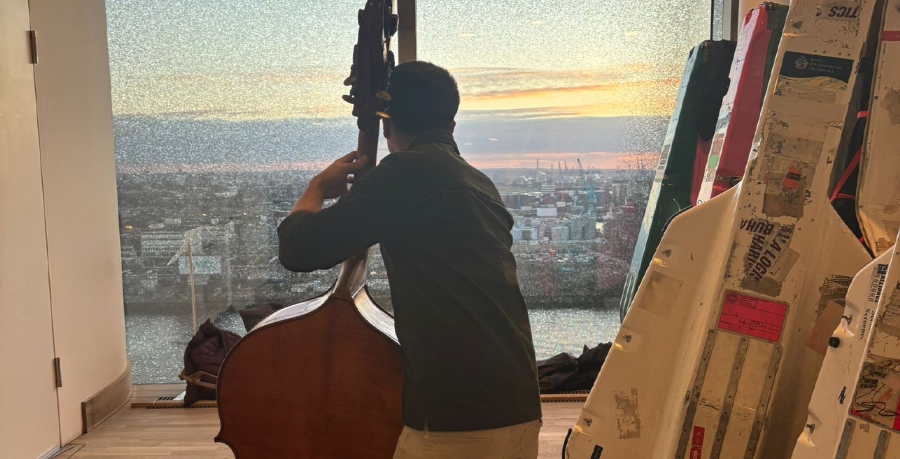 A double bass player practicing while looking out over a sunset in Hamburg