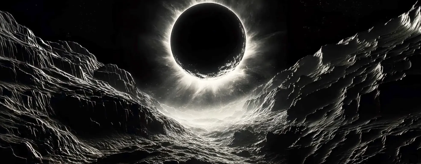 A dark moon in a black sky eclipsing a sun above a rocky landscape 